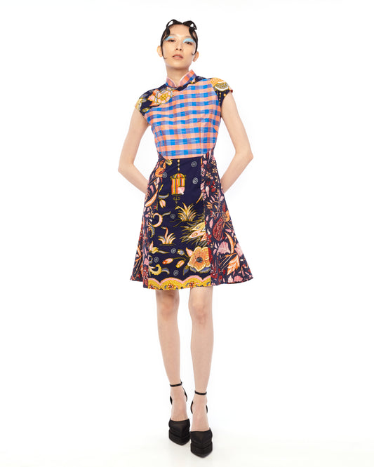 ASYMMETRICAL FITTED A LINE CHEONGSAM DRESS CHECKS - MULTI