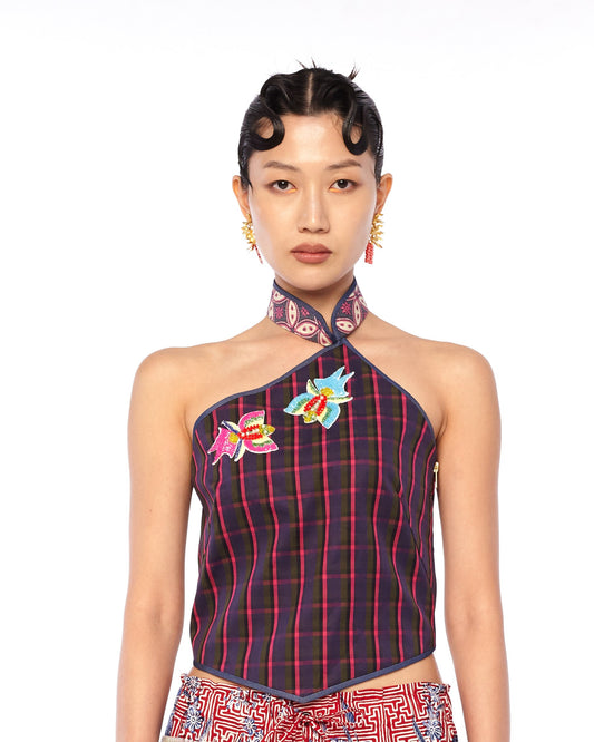 SCALLOPED HEM TOP WITH STANDING COLLAR - PINK