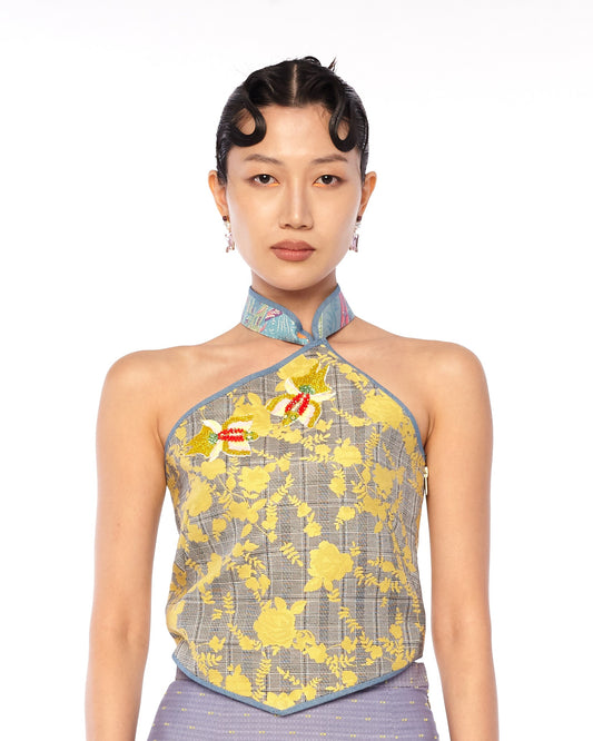 SCALLOPED HEM TOP WITH STANDING COLLAR - YELLOW