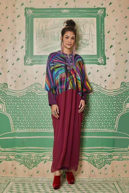 PURPLE RAINBOW CHIFFON ORGANZA WITH NECK EMBELLISHMENT KAFTAN AND INNER PURPLE SATIN BIAS DRESS - KAFTAN WITH INNER LONG SLEEVE BIAS DRESS - PURPLE