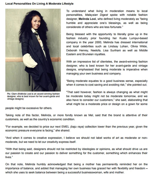 MELINDA LOOI FEATURED IN MALAYSIAN DIGESTS’ LIVING MODERATELY ARTICLE.