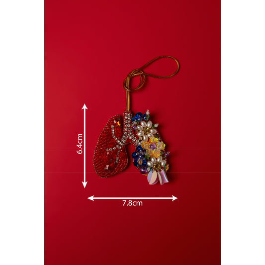 BROKEN HEART EMBROIDERED PHONE/KEY CHARM/BROOCH WITH COLOURFUL FLOWER