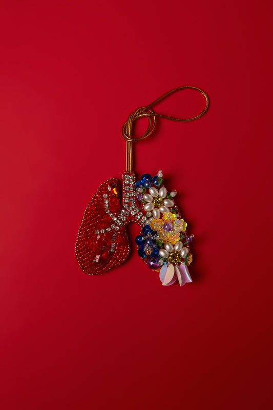 BROKEN HEART EMBROIDERED PHONE/KEY CHARM/BROOCH WITH COLOURFUL FLOWER