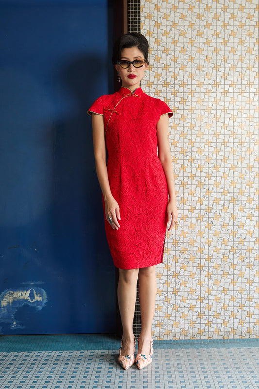 CLASSIC CHEONGSAM - RED LACE  - RED