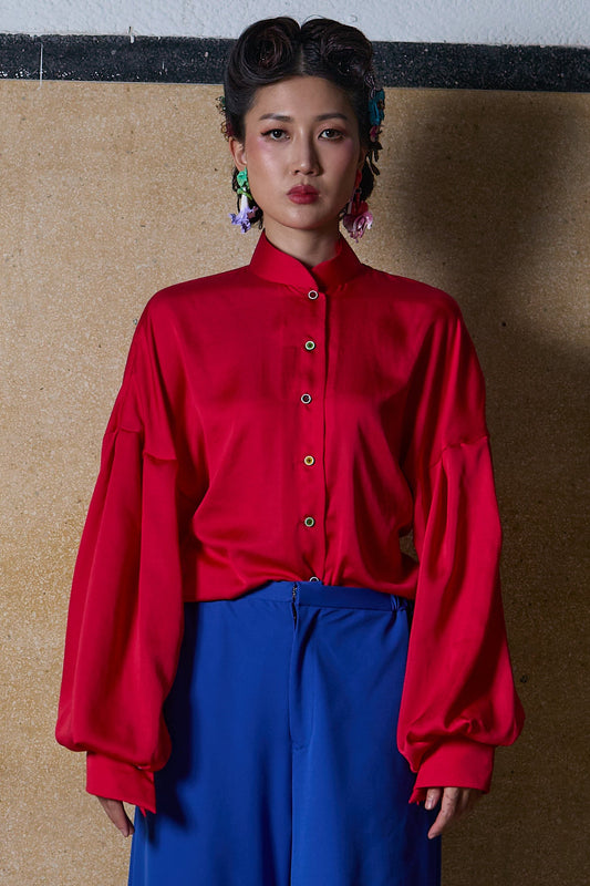MANDARIN COLLAR PUFFY SLEEVE SHIRT- RED
