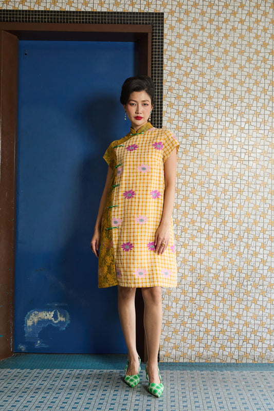 A-LINE CHEONGSAM - YELLOW CHECKERED - MUSTARD