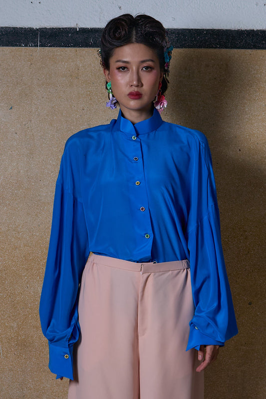 MANDARIN COLLAR PUFFY SLEEVE SHIRT- BLUE