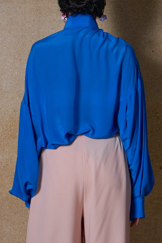 MANDARIN COLLAR PUFFY SLEEVE SHIRT- BLUE