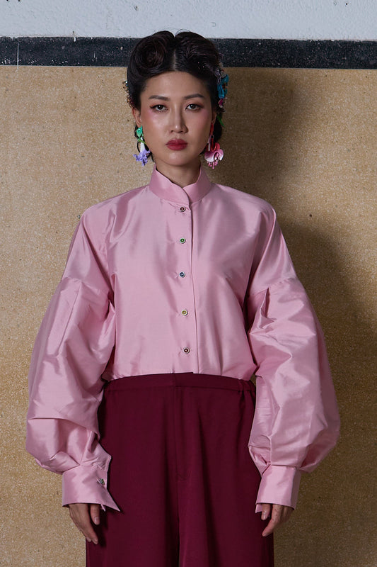 MANDARIN COLLAR PUFFY SLEEVE SHIRT - LIGHT PINK