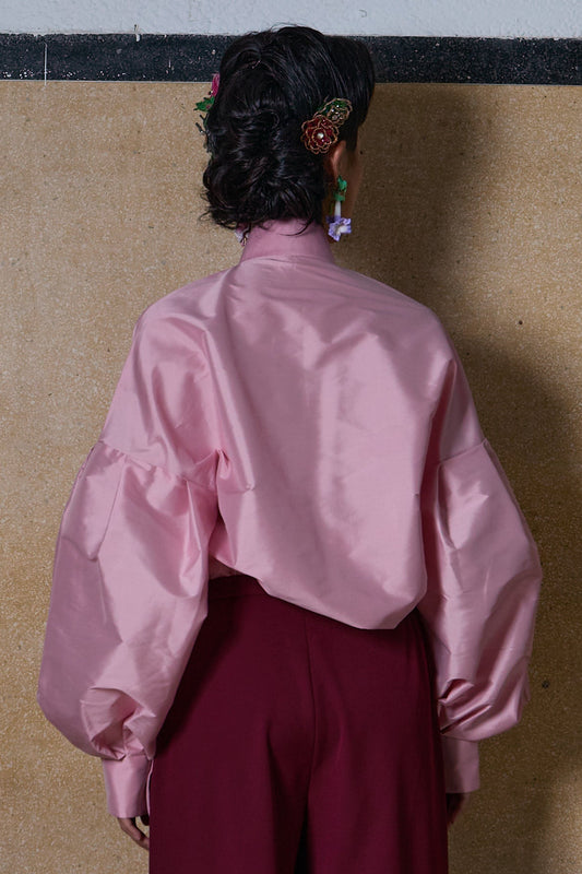 MANDARIN COLLAR PUFFY SLEEVE SHIRT - LIGHT PINK