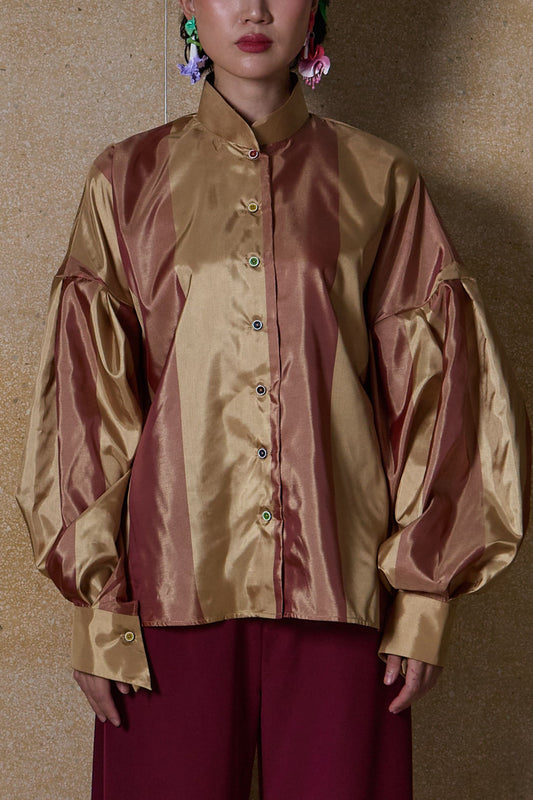 MANDARIN COLLAR PUFFY SLEEVE SHIRT- RED/ GOLD STRIPE