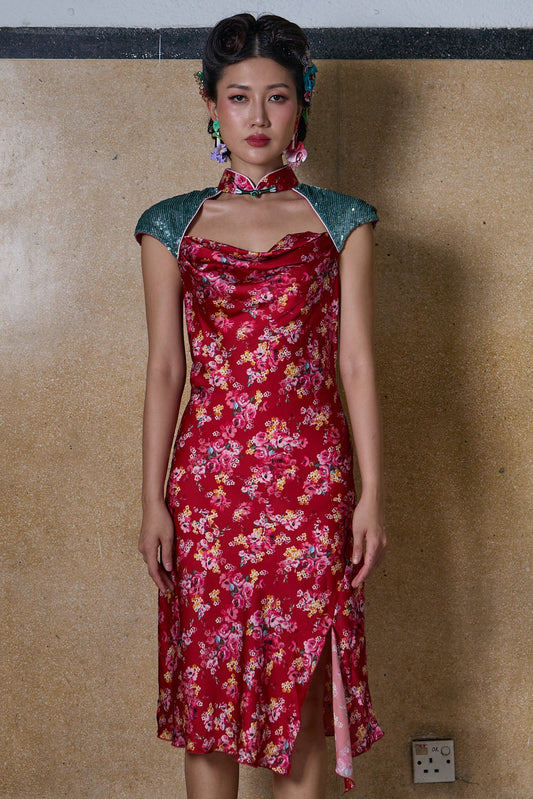 BIAS COWL NECKLINE CHEONGSAM - RED