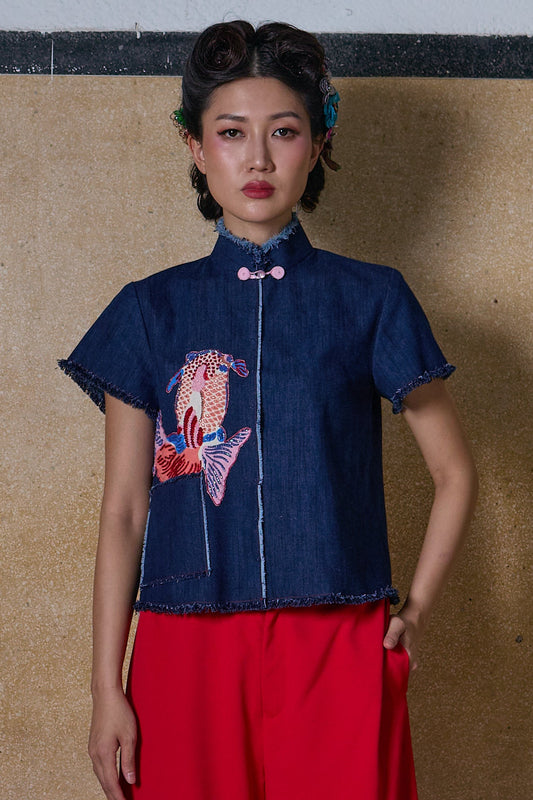MANDARIN COLLAR TOP - BLUE