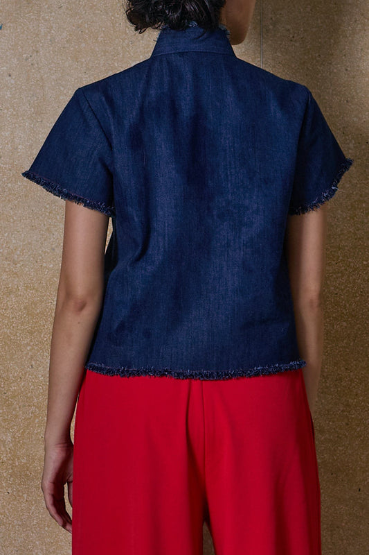 MANDARIN COLLAR TOP - BLUE