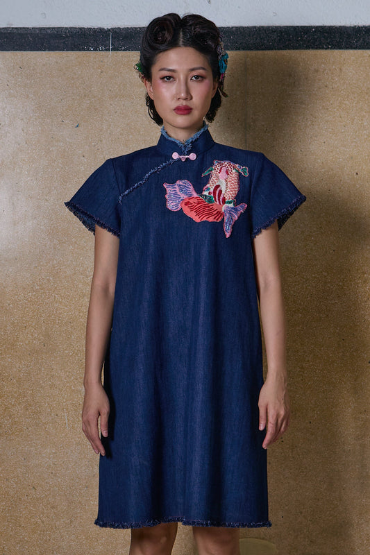 MANDARIN COLLAR A-LINE DRESS - BLUE