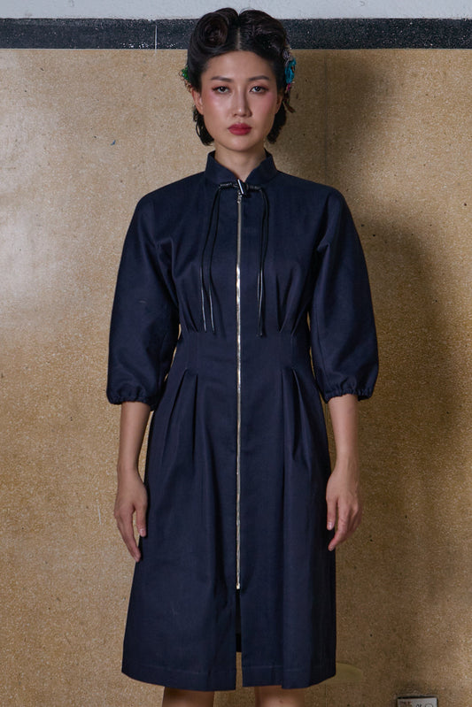 JACKET DRESS WITH PLEATED WAIST- NAVY