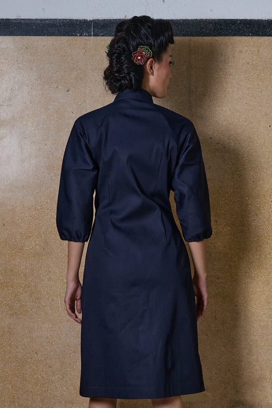 JACKET DRESS WITH PLEATED WAIST- NAVY
