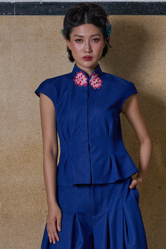 MANDARIN COLLAR TOP WITH PLEATED WAIST- BLUE