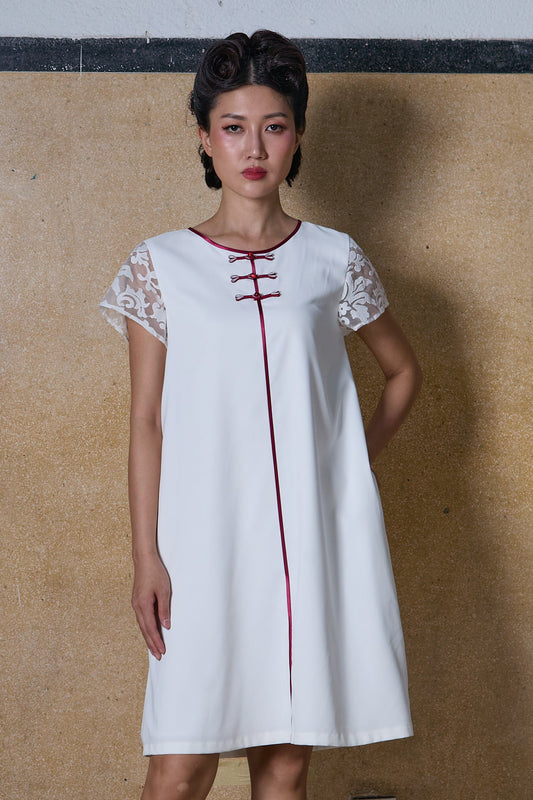 COLLARLESS A-LINE DRESS - WHITE