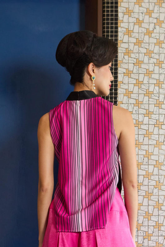 SLEEVELESS SIDE SLIT TOP - PINK STRIPED - FUCHSIA