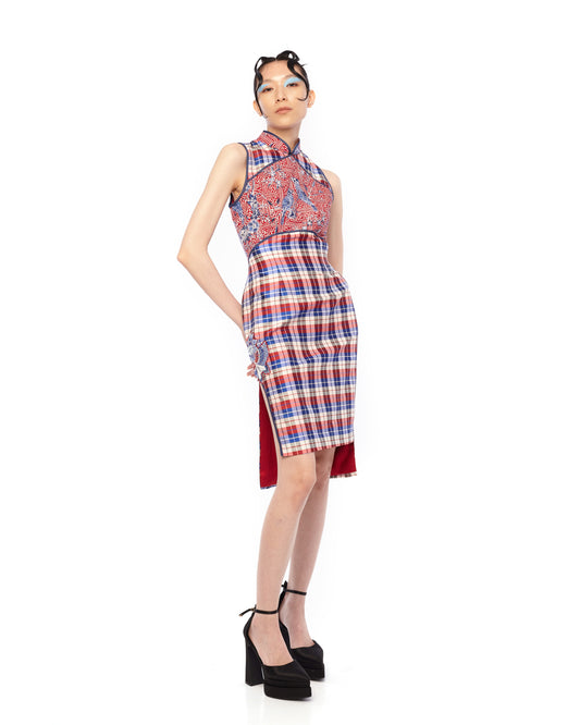 SLEEVELESS BATIK MIXED WITH CHECKS FITTED CHEONGSAM DRESS WITH SLIT -  BLUE