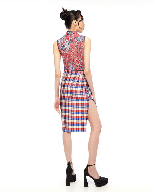 SLEEVELESS BATIK MIXED WITH CHECKS FITTED CHEONGSAM DRESS WITH SLIT -  BLUE