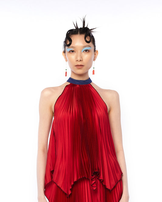 SATIN PLEATED SLEEVELESS TOP - RED