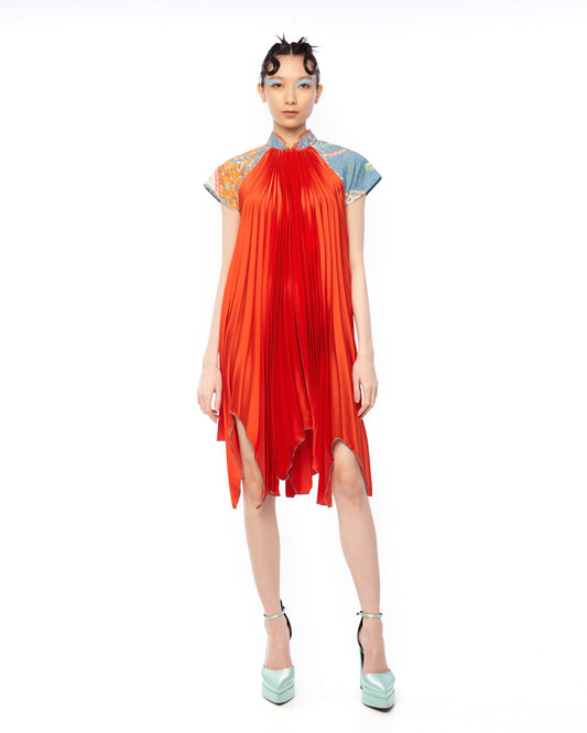 SATIN PLEATED SHORT DRESS - ORANGE