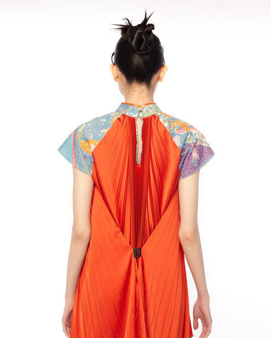 SATIN PLEATED SHORT DRESS - ORANGE
