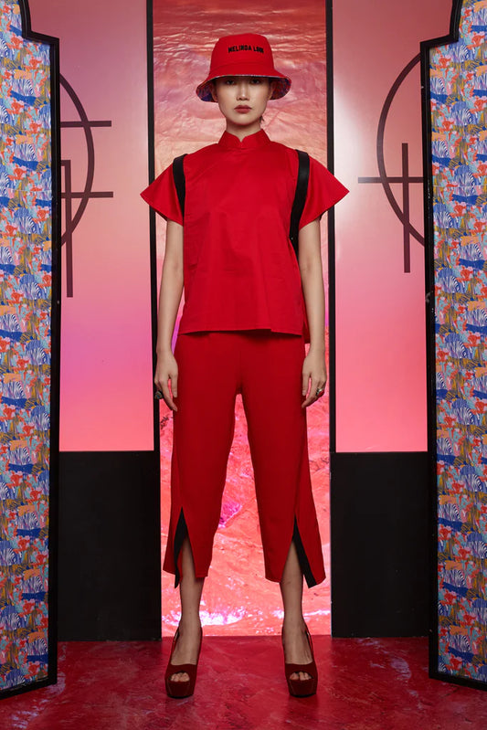 RED CREPE WITH BLACK POLYESTER SLIT PANEL - 3/4 BOOT CUT TROUSERS - RED