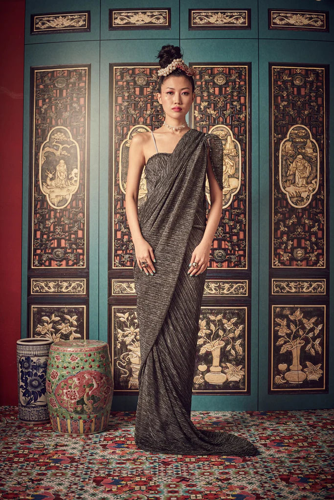 GUN METAL PLEATS WITH SILVER TAFFETA LINING SINGLET GOWN SILVER