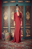 DARK RED NEOPRENE - DRAPED COLLAR BIAS CUT GOWN - MAROON
