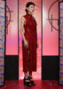 RED LACE WITH PRINTED STRIPES SATIN - LONG CHEONGSAM WITH SIDE ZIPPER OPENING - RED