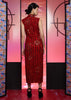 RED LACE WITH PRINTED STRIPES SATIN - LONG CHEONGSAM WITH SIDE ZIPPER OPENING - RED